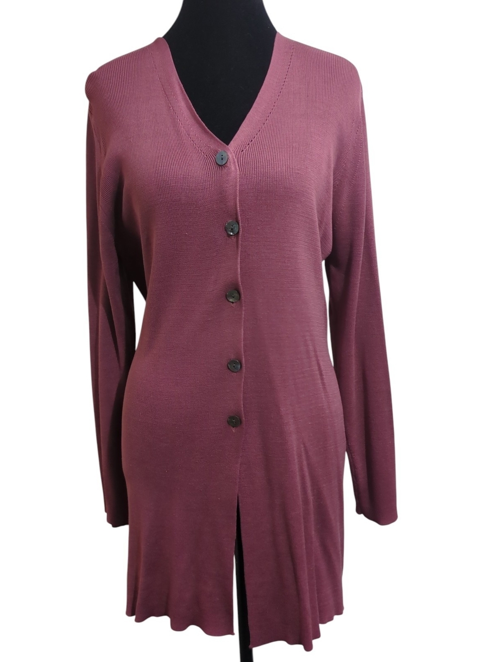 Valerie Stevens Pure Silk Longline Cardigan Sweater Mauve Plum Button Front Sz M
